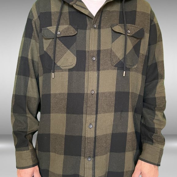 No Boundaries Men's Hooded Flannel Shirt Army Green and Black Checked - Picture 10 of 10